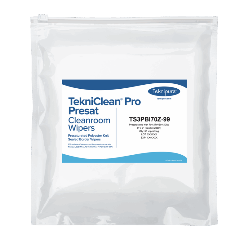 TekniClean® Pro Presat Polyester Knit Wiper, Sealed Border, 70% IPA, 9"x 9", Peel-and-Reseal