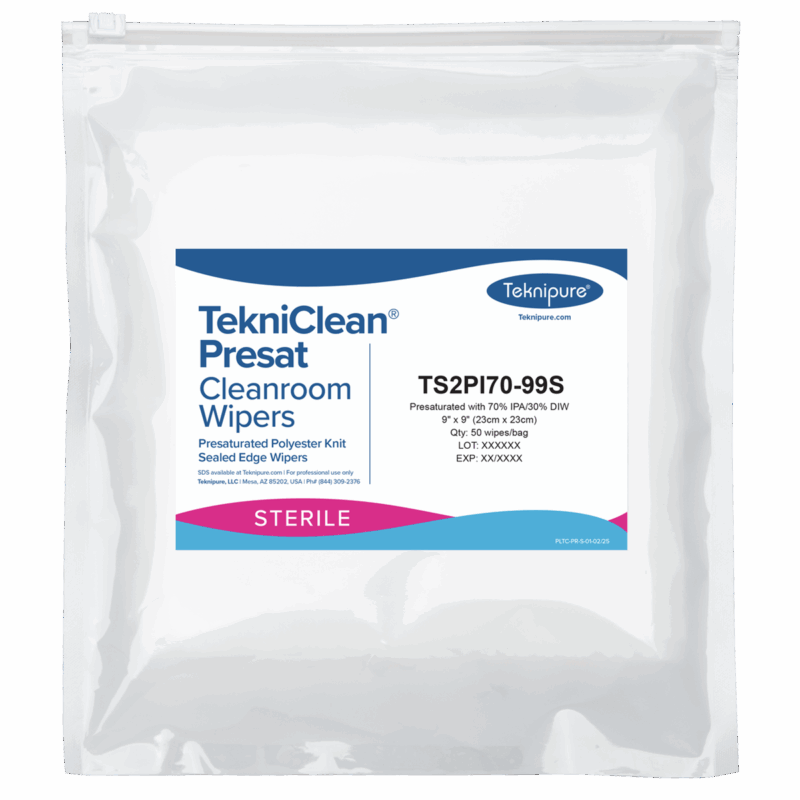 TekniClean® Presat Sterile Poly Knit Wiper, Sealed Edge, 70% IPA, 9"x9", Slider Bag