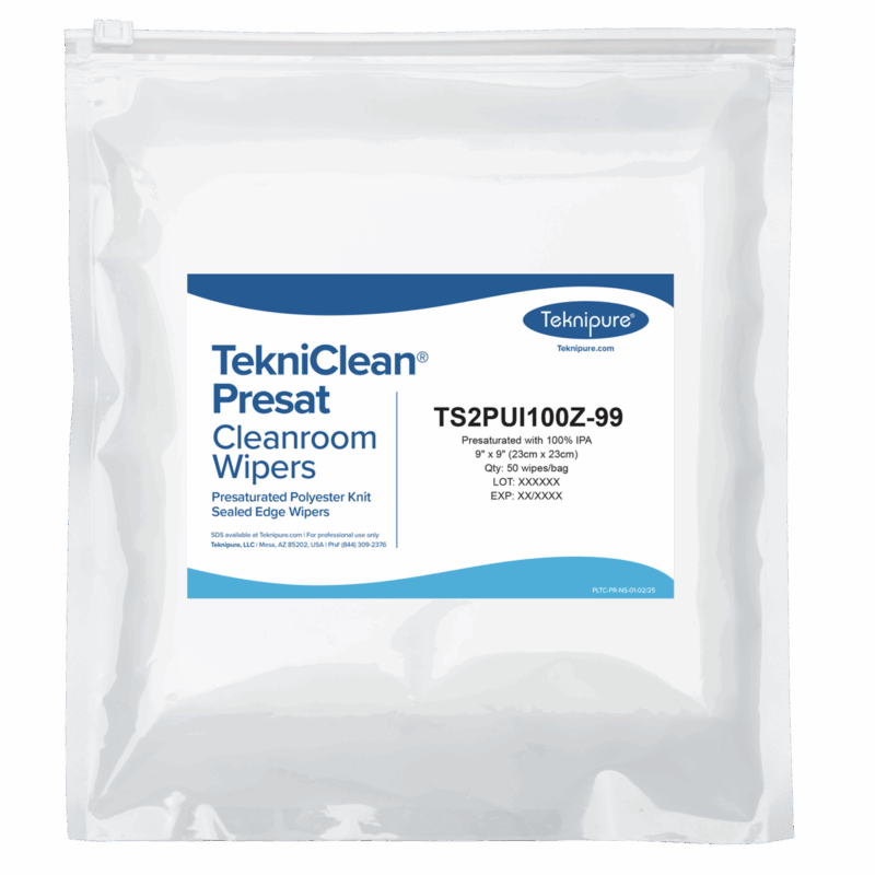 TekniClean® Presat Polyester Knit Wiper, Sealed Edge, 100% IPA, 9"x9", Slider Bag