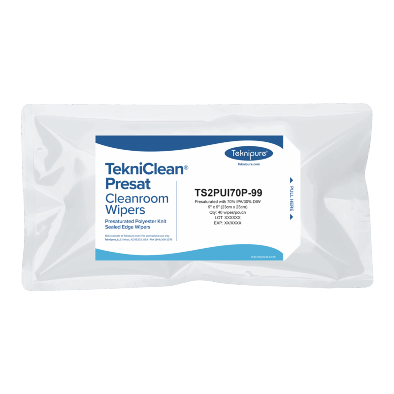 TekniClean® Presat Polyester Knit Wiper, Sealed Edge, 70% IPA, 9"x9", Peel-and-Reseal
