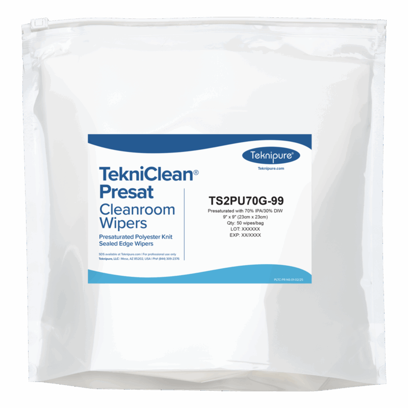 TekniClean® Presat Polyester Knit Wiper, Sealed Edge, 70% IPA, 9"x9", Gusset