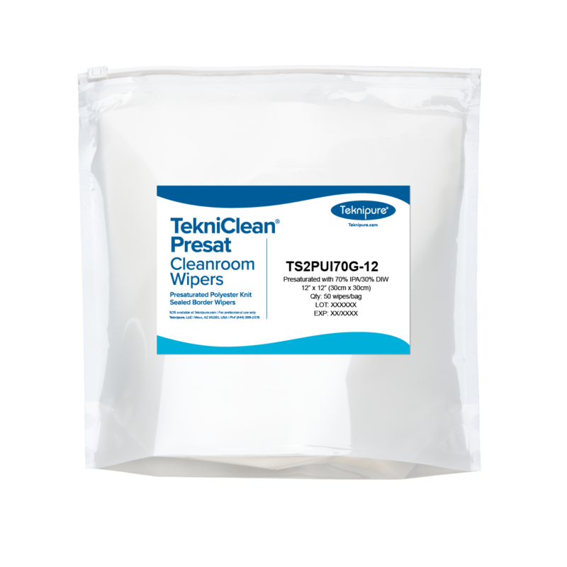 TekniClean® Presat Polyester Knit Wiper, Sealed Edge, 70% IPA, 12"x12", Gusset Bag