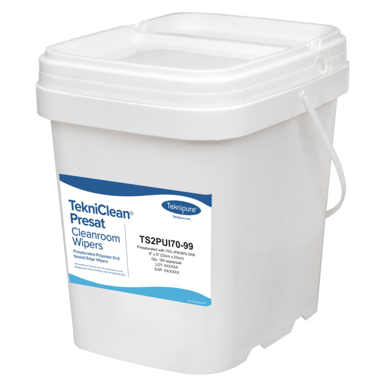 White plastic bucket with a blue-and-white label reading TekniClean Presat Cleanroom Wipers, and a handle on the side.