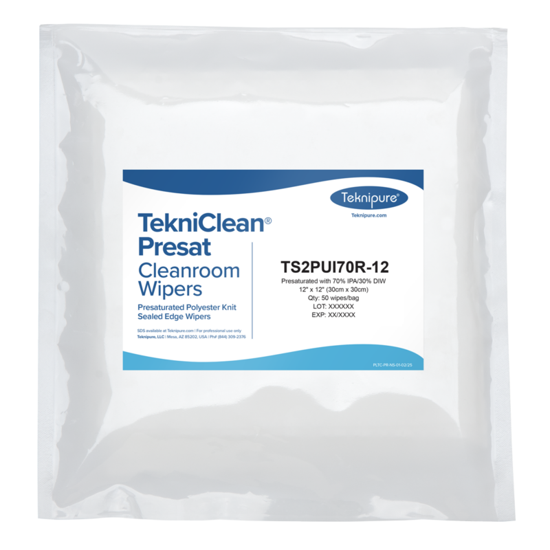 TekniClean® Presat Polyester Knit Wiper, Sealed Edge, 70% IPA, 12"x12"