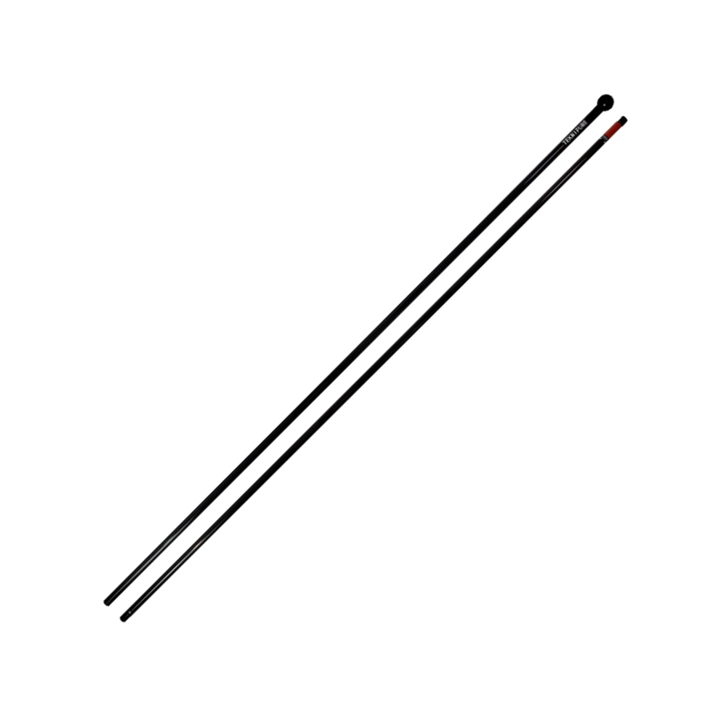 Two black chopsticks laid diagonally across a white background, one with a red tip.