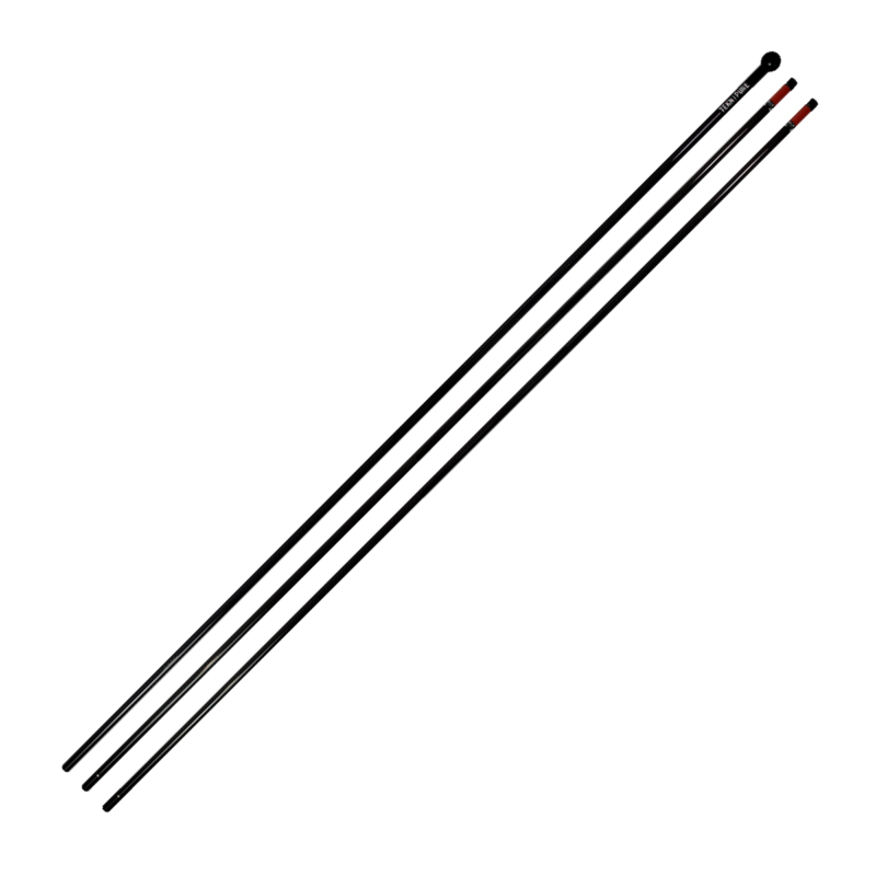 Four black lacquered chopsticks arranged diagonally on a white background with reddish tips at one end.