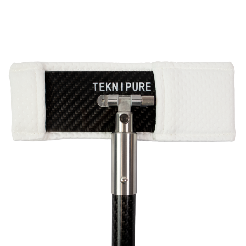 Close-up of a Tekni Pure window cleaning head with a white microfiber sleeve mounted on a carbon-fiber handle.