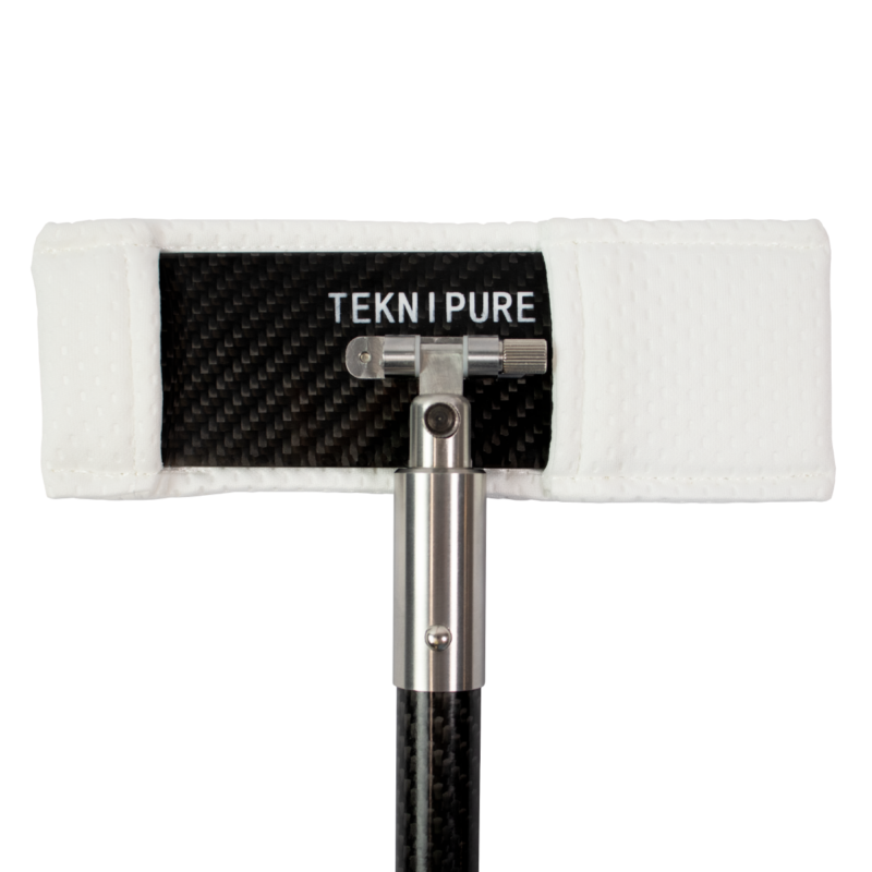 TekniPure cleaning head with a white microfiber pad mounted on a metal handle.