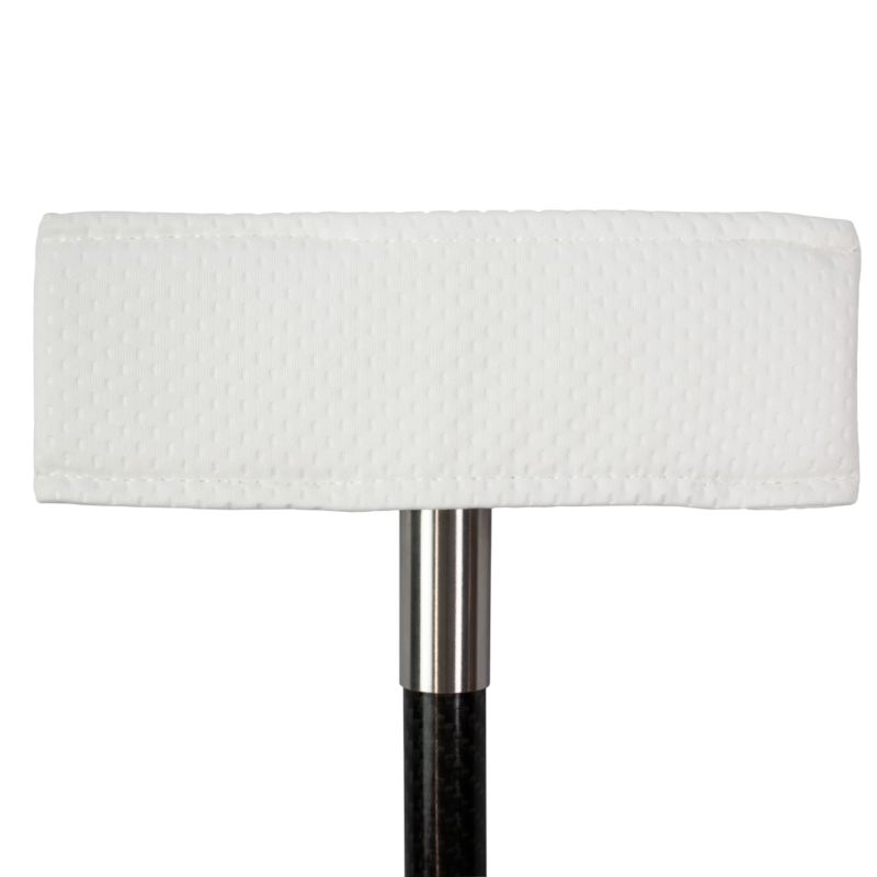 White rectangular cleaning pad attached to a metal connector on a black mop handle, shown in close-up.