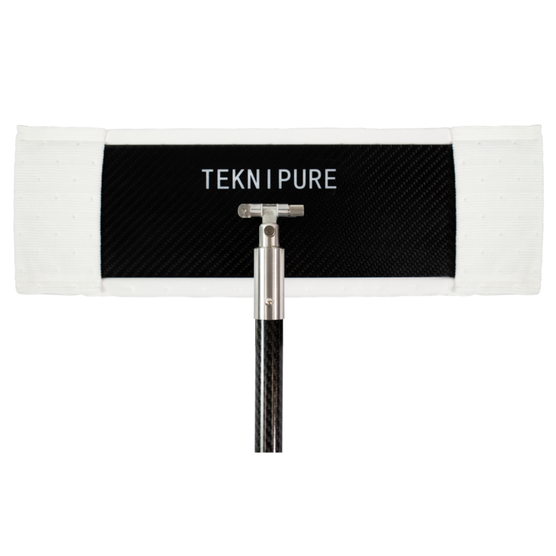 TekniPure window cleaning head attached to a telescoping metal handle against a black background