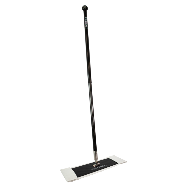 Long black mop with a rectangular microfiber pad on a floor-cleaning head, standing upright for cleaning.