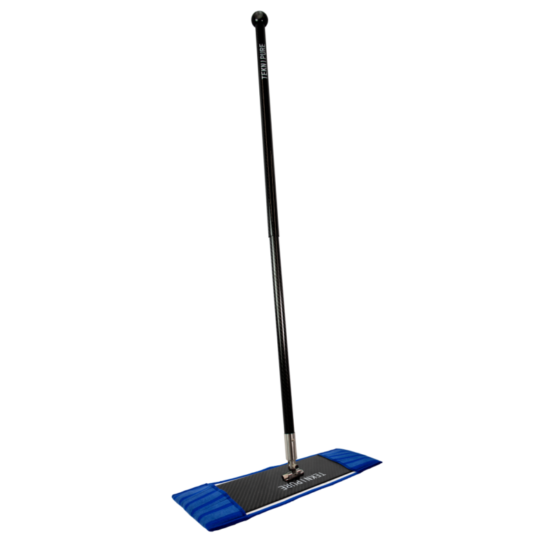 Floor cleaning mop with a long black handle and a wide rectangular head with blue edge skirts.