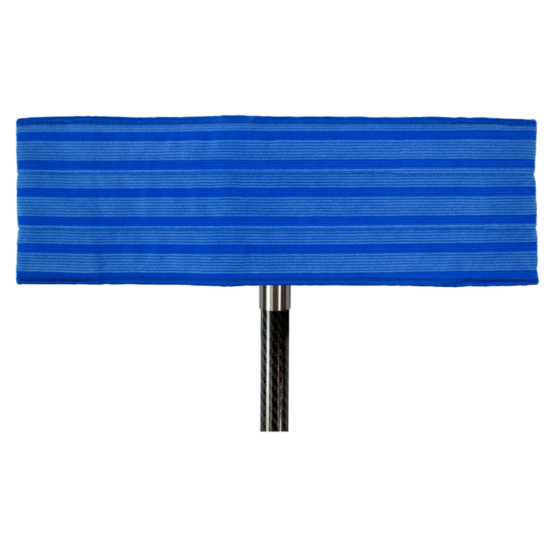Blue flat microfiber mop head attached to a metal handle, ready for cleaning floors.