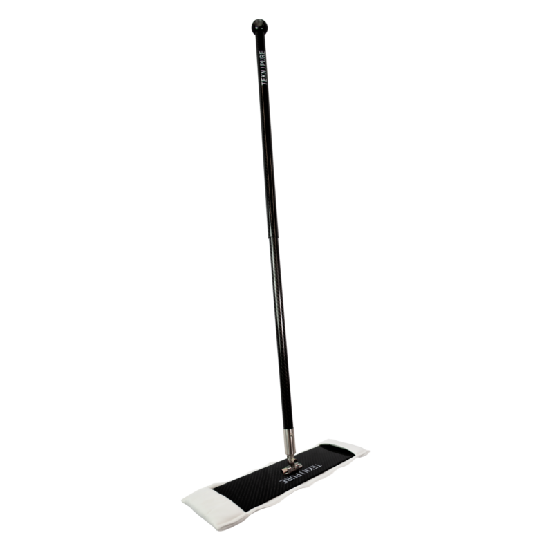 Long-handled floor mop with a rectangular microfiber cleaning pad at the base, ready for cleaning.