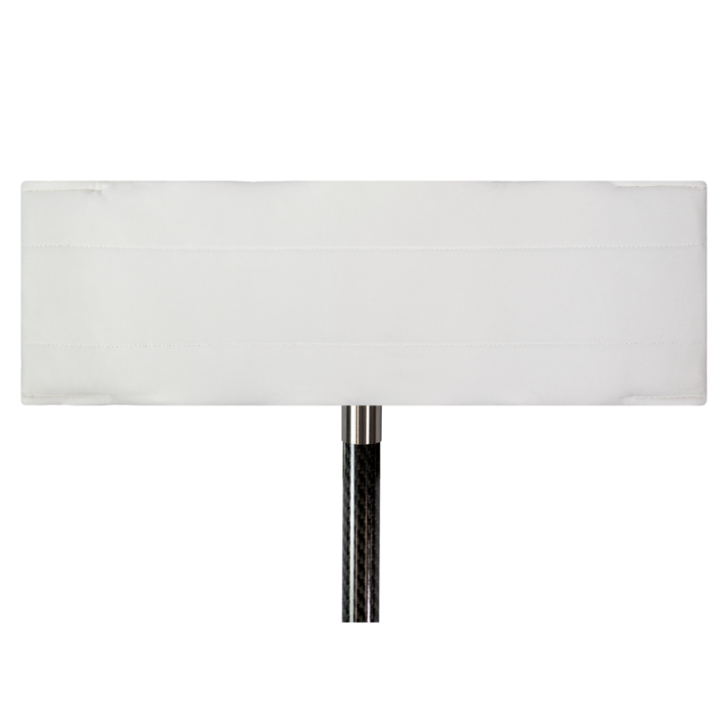 Large white rectangular softbox diffuser mounted on a vertical metal stand, used for studio lighting.