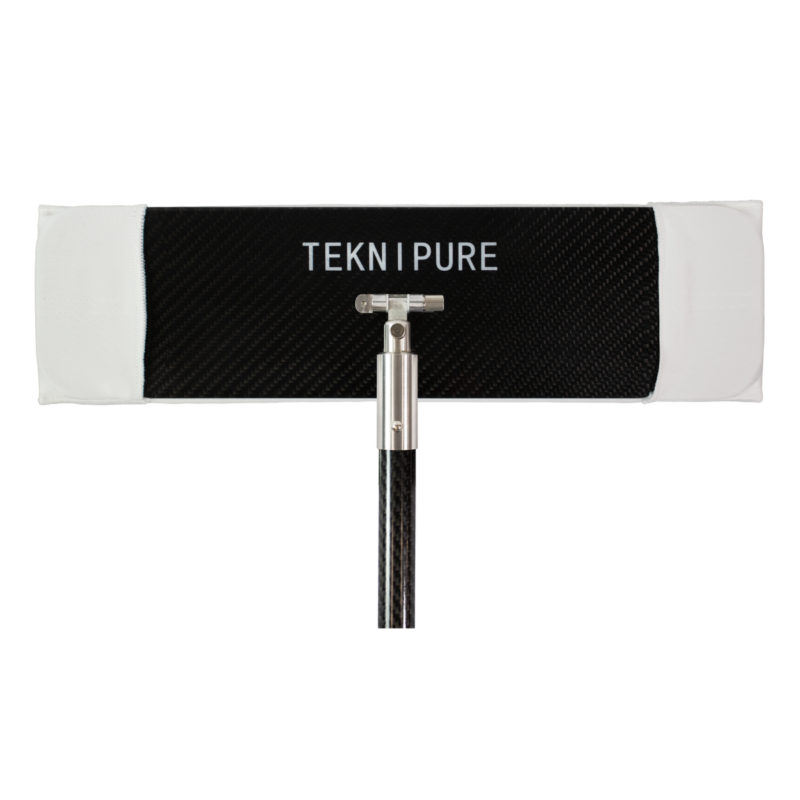 TekniPure windscreen mounted on a metal microphone stand, white ends and black carbon fiber center.