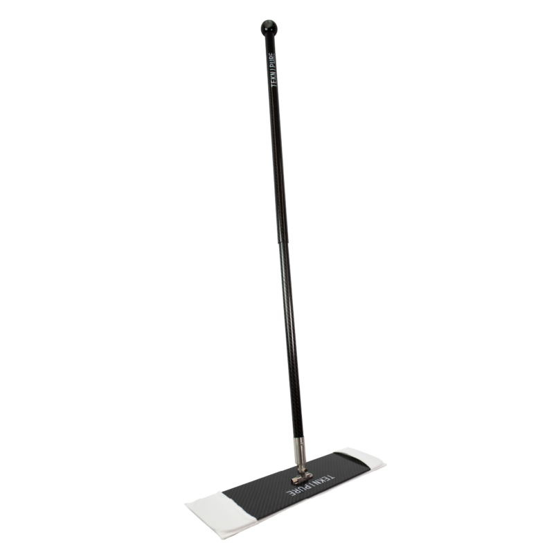 Long-handled flat mop with a carbon-fiber-looking handle and a rectangular cleaning head with white pads for floor cleaning