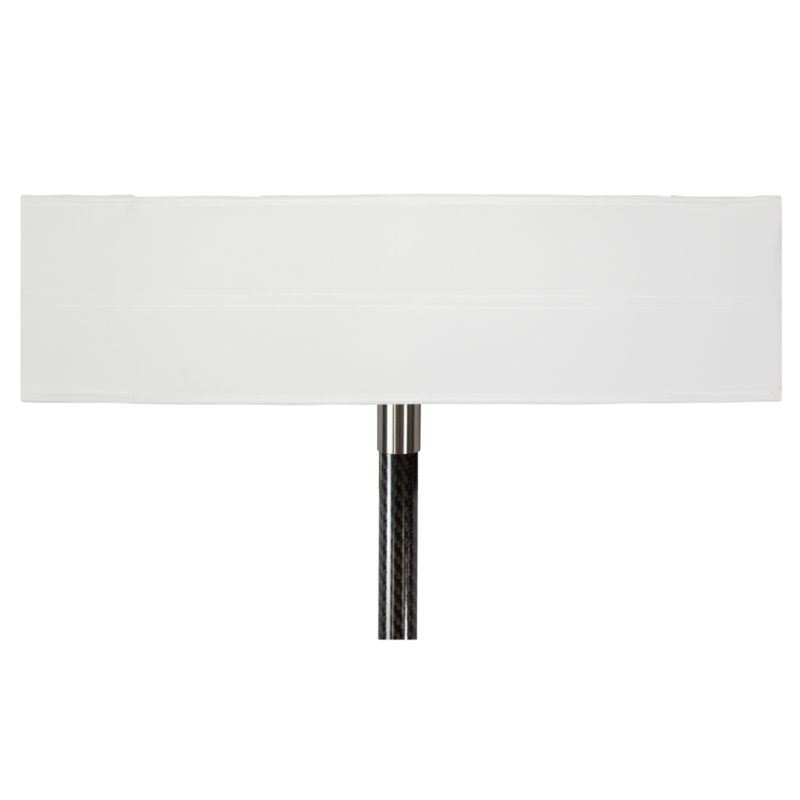 White rectangular lamp shade mounted on a slim metal stand.