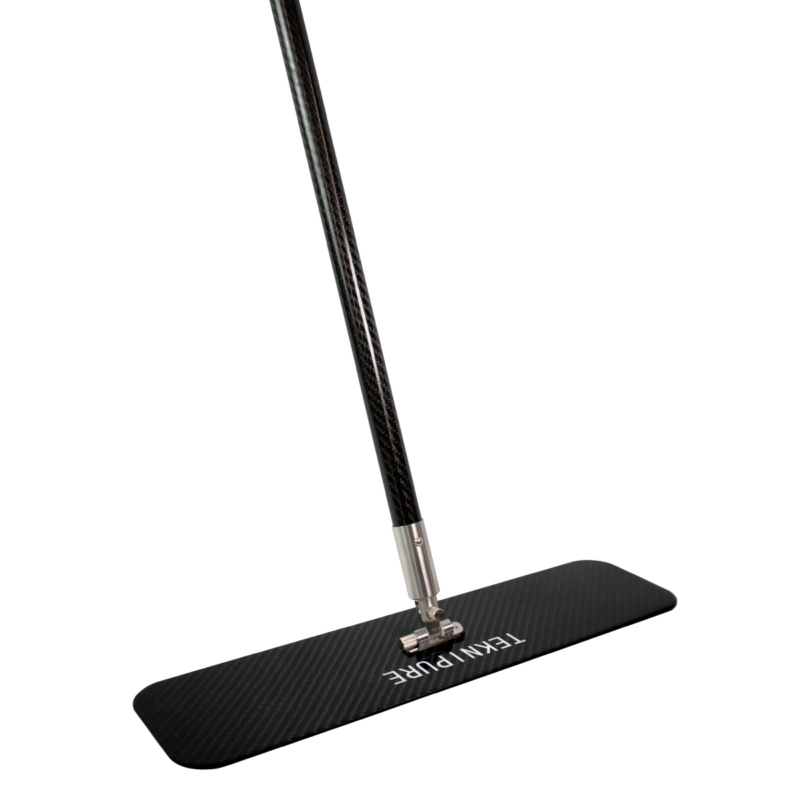Carbon-fiber mop with a long handle attached to a rectangular black mop head labeled 'TEKNIPURE.'