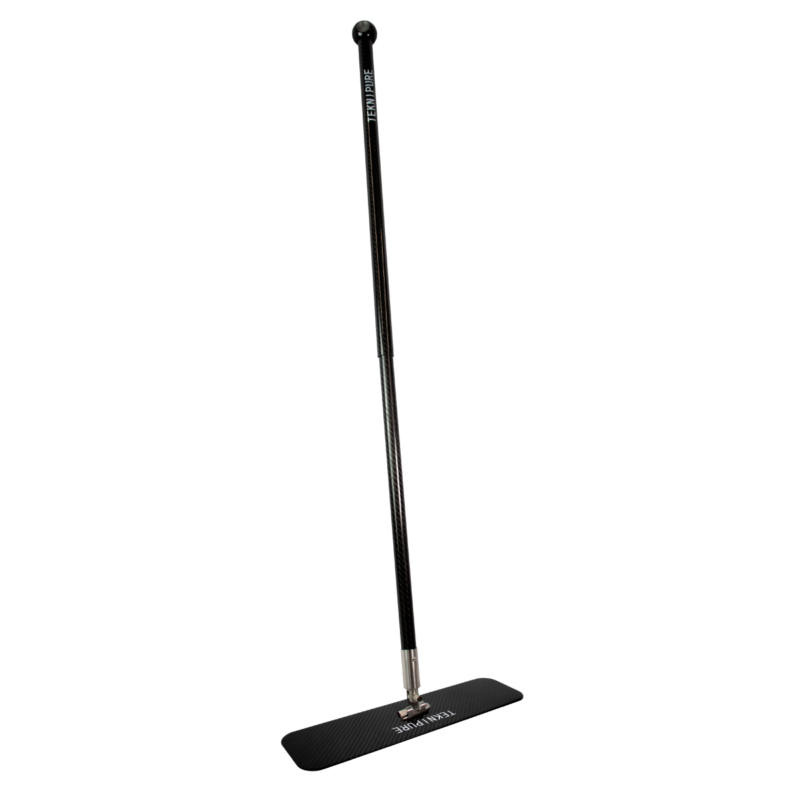 Carbon fiber floor pump with a long, black shaft and a rectangular base resting on the ground.