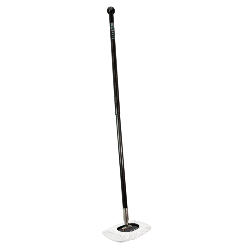 Long black telescoping mop/cleaning tool with a circular white microfiber mop head on the floor, ready for cleaning