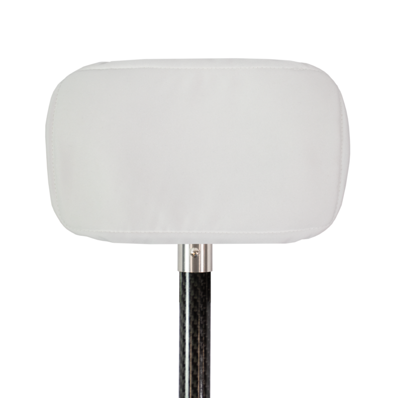 White rectangular upholstered headrest attached to a chrome metal support rod.