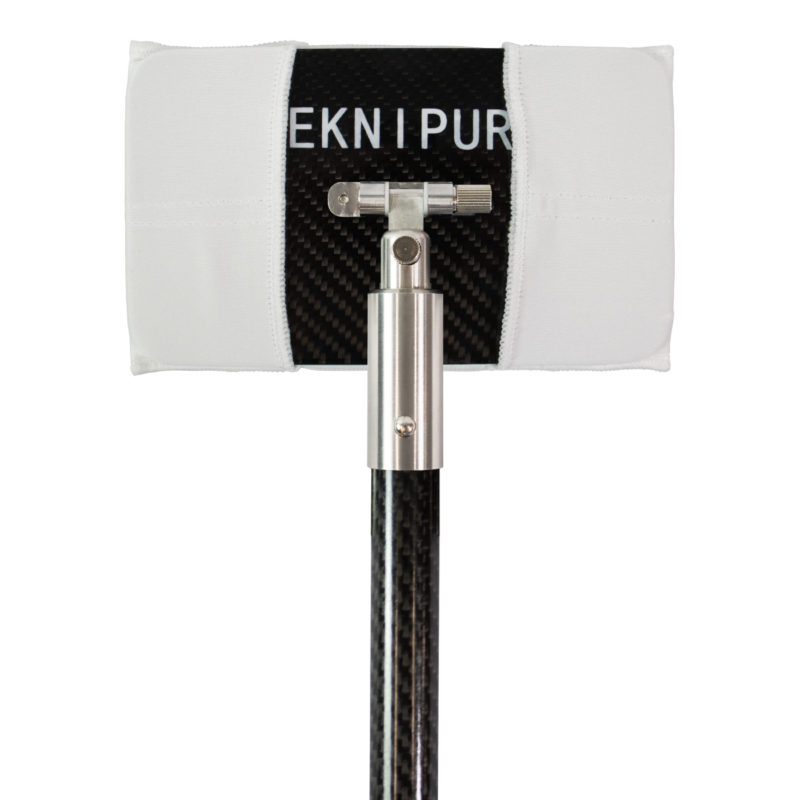 Close-up of a white microfiber cleaning pad attached to a metal clamp on a carbon-fiber handle.