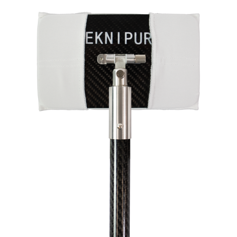 White cleaning pad attached to a carbon fiber pole with a metal joint, a window cleaning tool close-up.