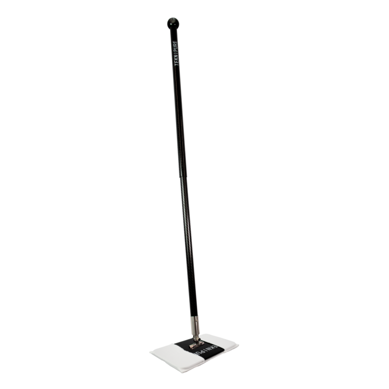 Tall black cleaning mop with a flat rectangular head and microfiber pad, standing upright.