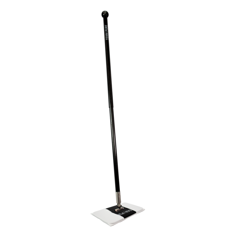 Tall black floor mop with a flat white cleaning pad attached to a rectangular base, standing upright on the floor.
