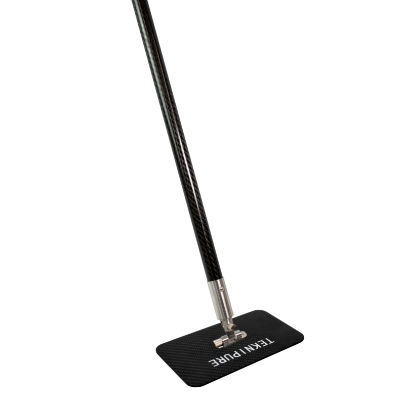 Carbon fiber microphone stand with a long slim shaft and a rectangular textured base on black background.