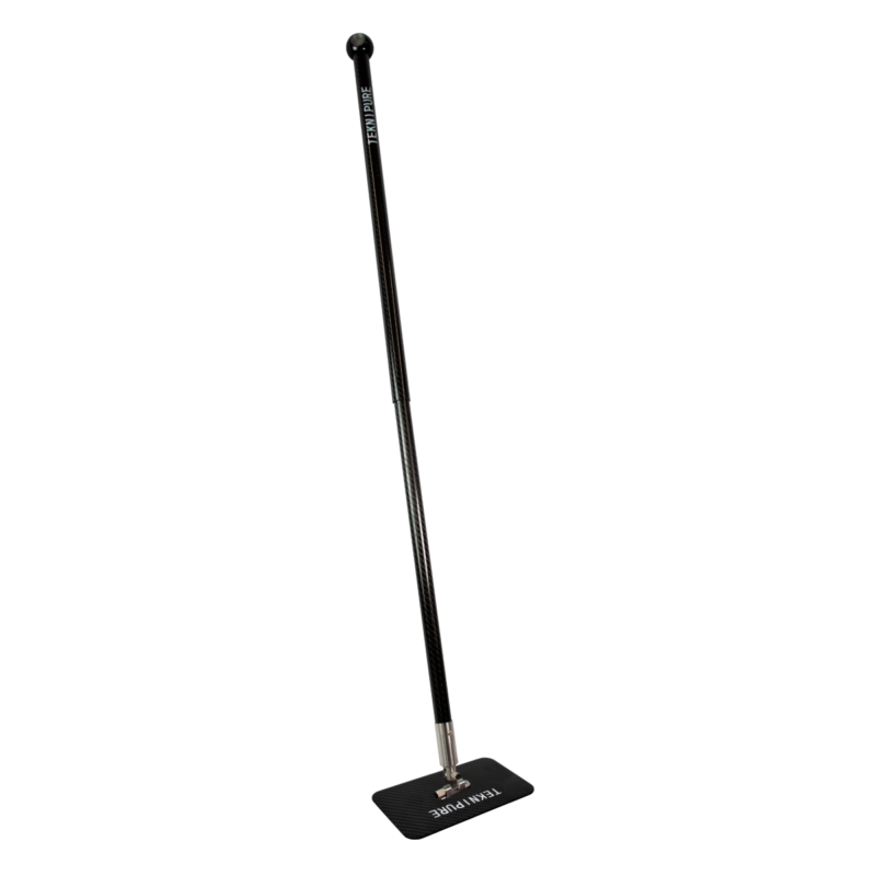 Carbon fiber camera monopod with a rectangular base plate on a black background, ready for mounting a camera or accessory.