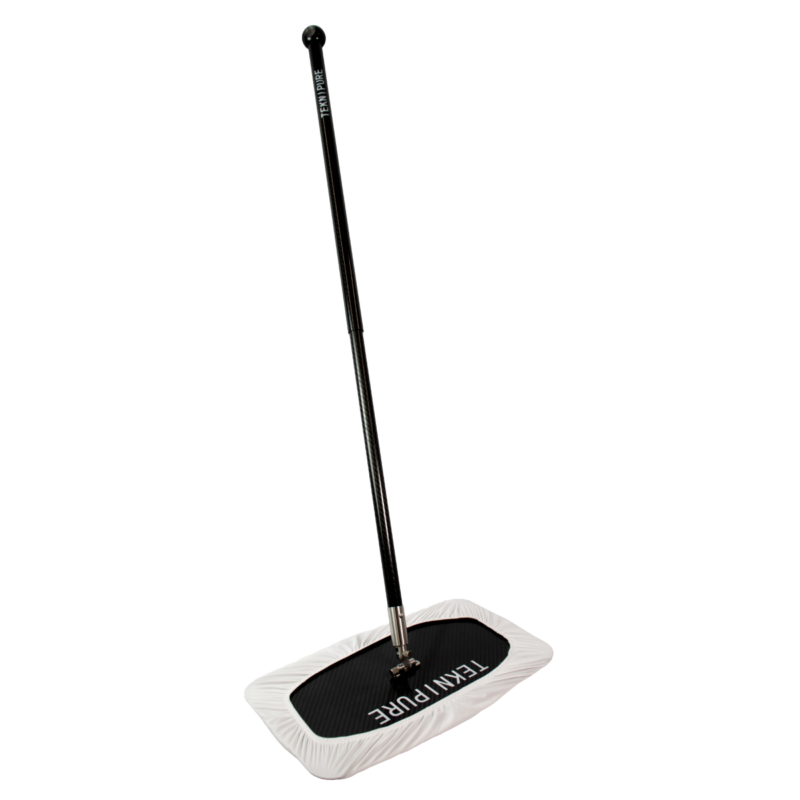 Long black telescoping mop handle attached to a rectangular black cleaning pad with a white fabric frame, angled for use