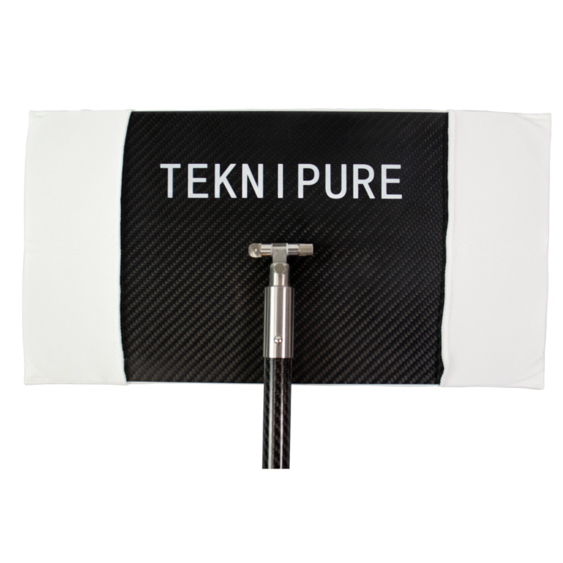 Tekni Pure device: black carbon-fiber panel with white side panels and a metal mounting rod in the center.