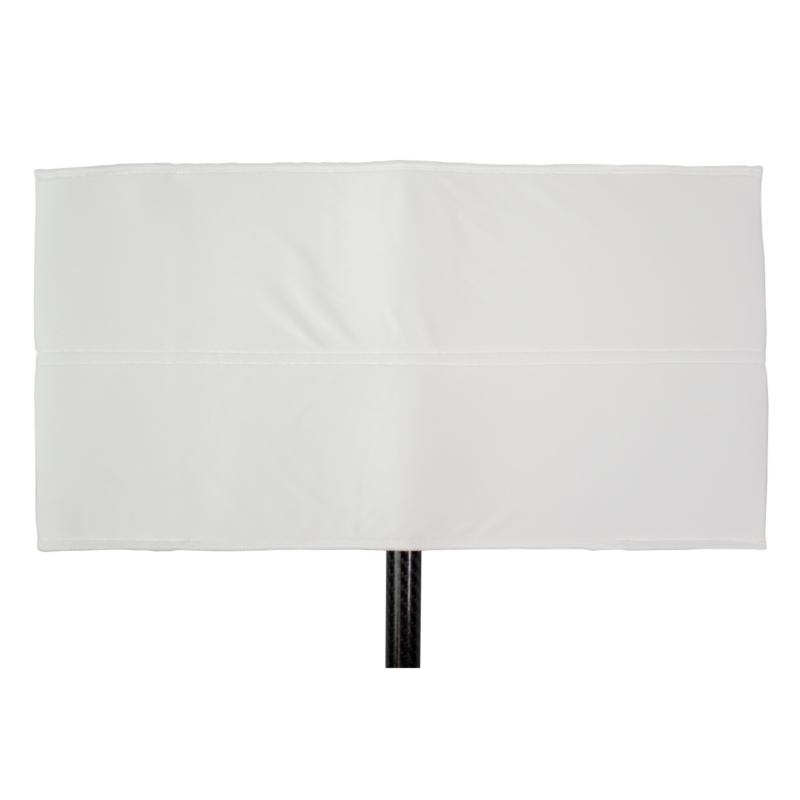 White rectangular cloth face mask with visible stitching, hanging on a black background with ear straps hanging below.