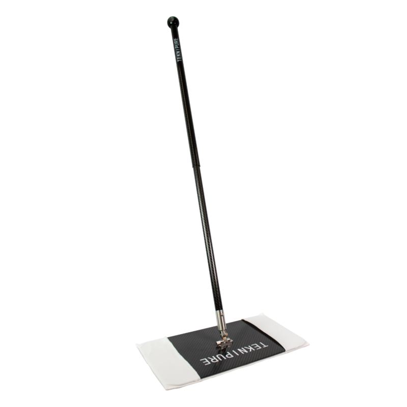 Flat mop with a long black carbon-fiber handle and a rectangular white cleaning pad at the base used for floor cleaning.