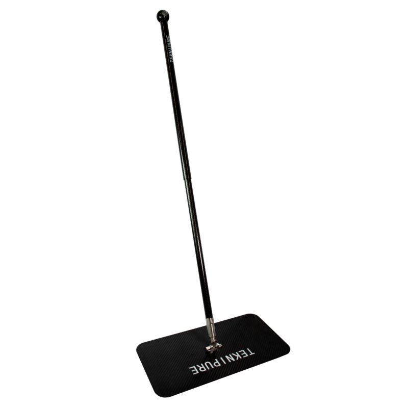 Black vertical pole with a small round top mounted into a low, rectangular black base with white lettering visible on the base.