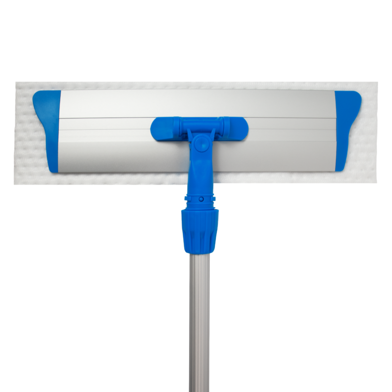 Blue and gray flat mop head attached to a telescoping metal handle, ready for cleaning floors.