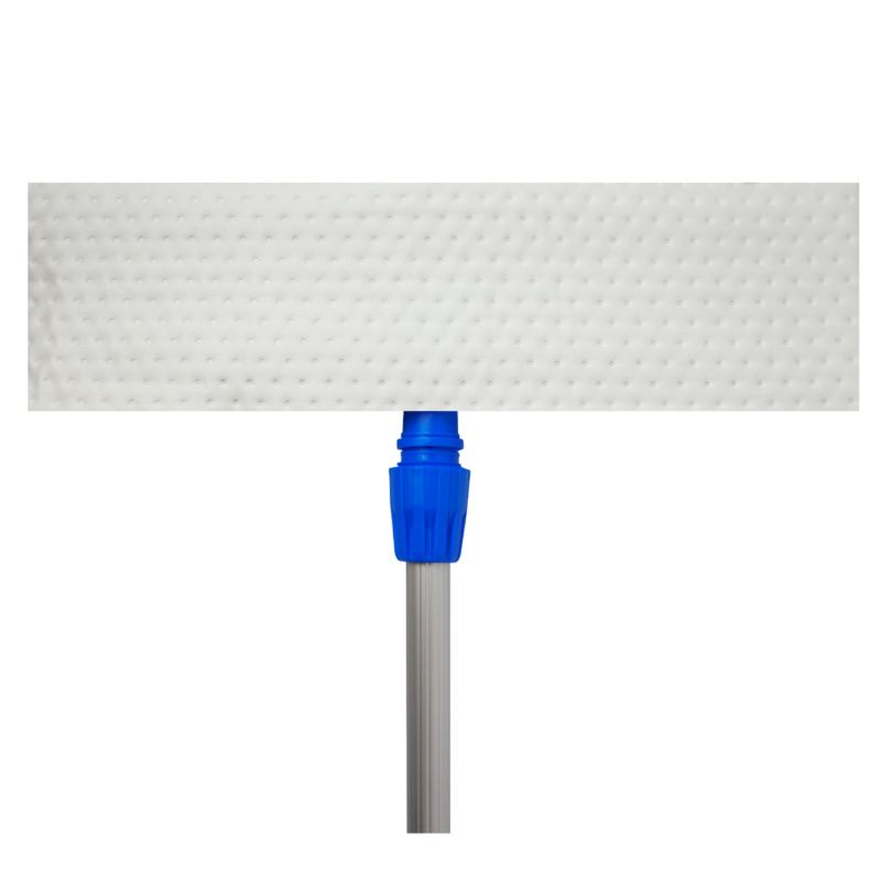 Flat white rectangular mop head attached to a blue connector on a silver mop handle.