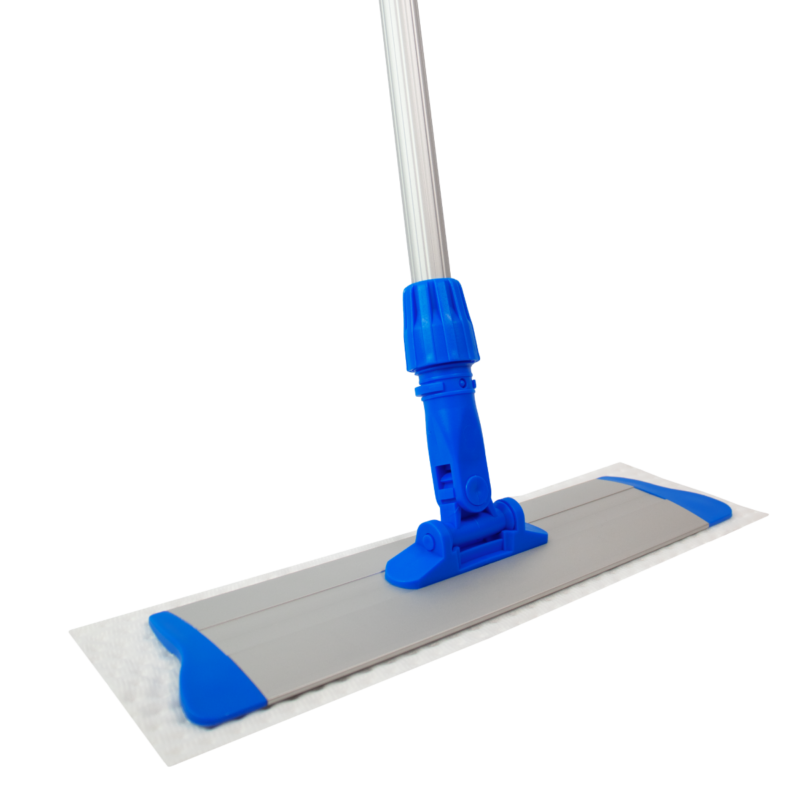 Blue and gray flat mop head with adjustable handle on a microfiber base plate for cleaning floors