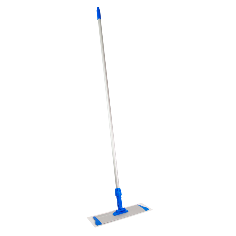 Flat mop with blue clips and end caps, silver telescoping handle, and rectangular cleaning head ready for use.