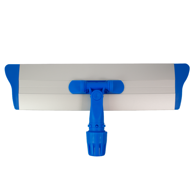 Blue and gray flat mop head with a blue adjustable handle against a white background, ready for cleaning floors. Treats as an informative cleaning tool image.