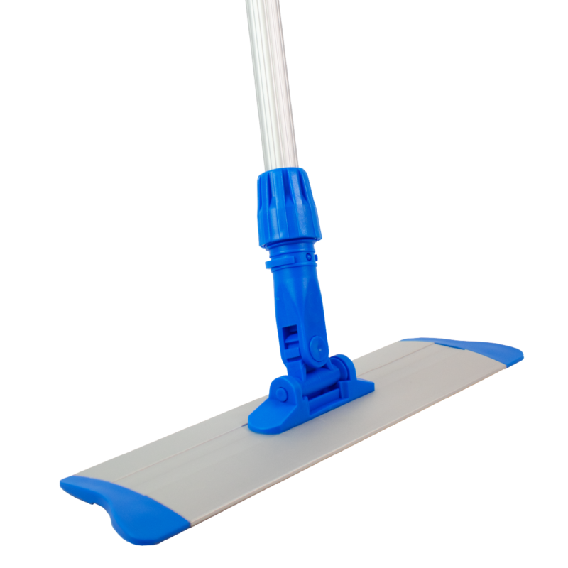 Flat mop head with blue joint and wide gray cleaning pad with blue tips on a white background