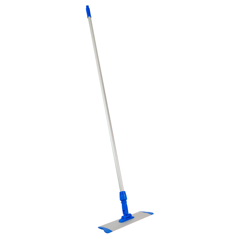 Blue plastic mop with an aluminum handle and a rectangular microfiber head ready for cleaning the floor.