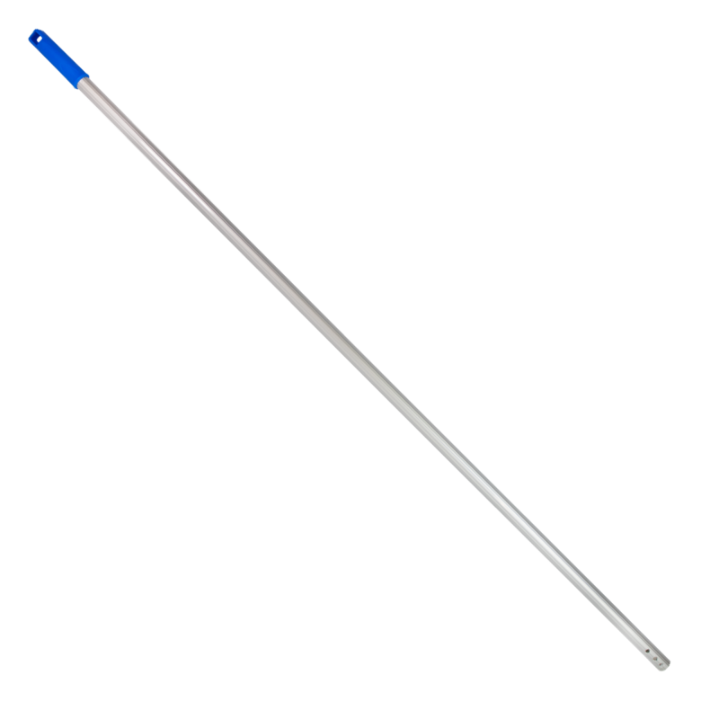 Blue-handled aluminum extension pole, diagonal across a white background, for painting tools like rollers or dusters.