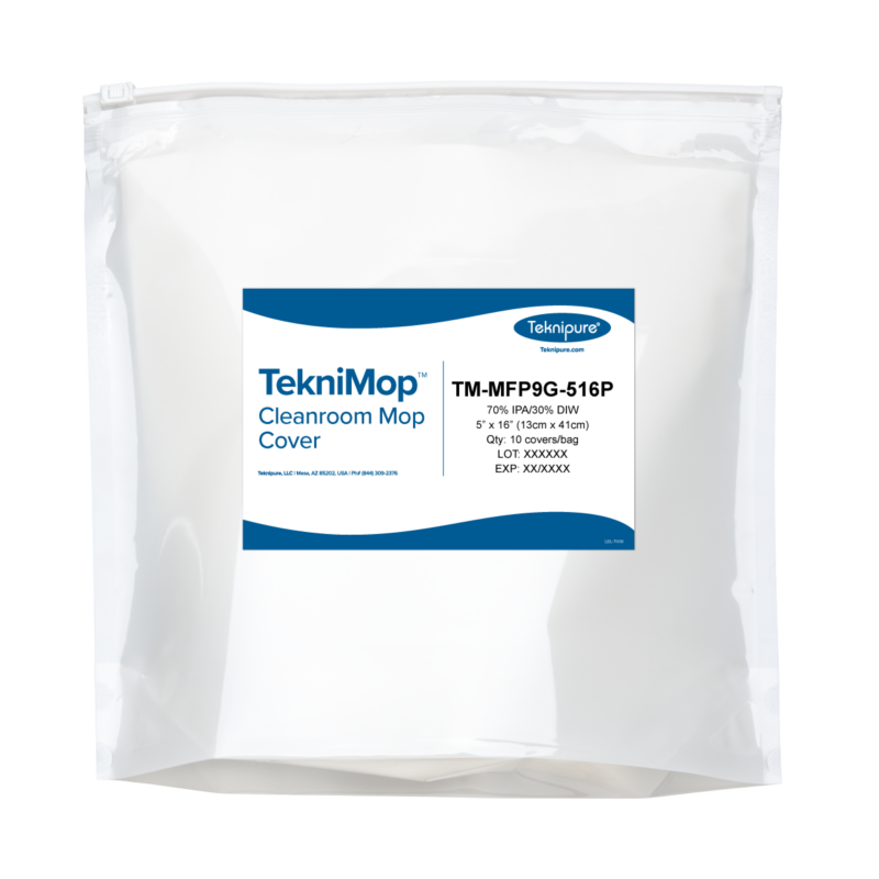 TekniMop cleanroom mop cover packaging with blue-and-white label on a white pouch image of the product.