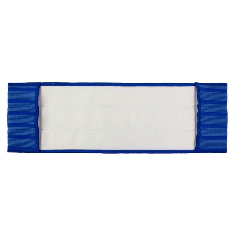 White padded fabric strip with blue Velcro ends on both sides.