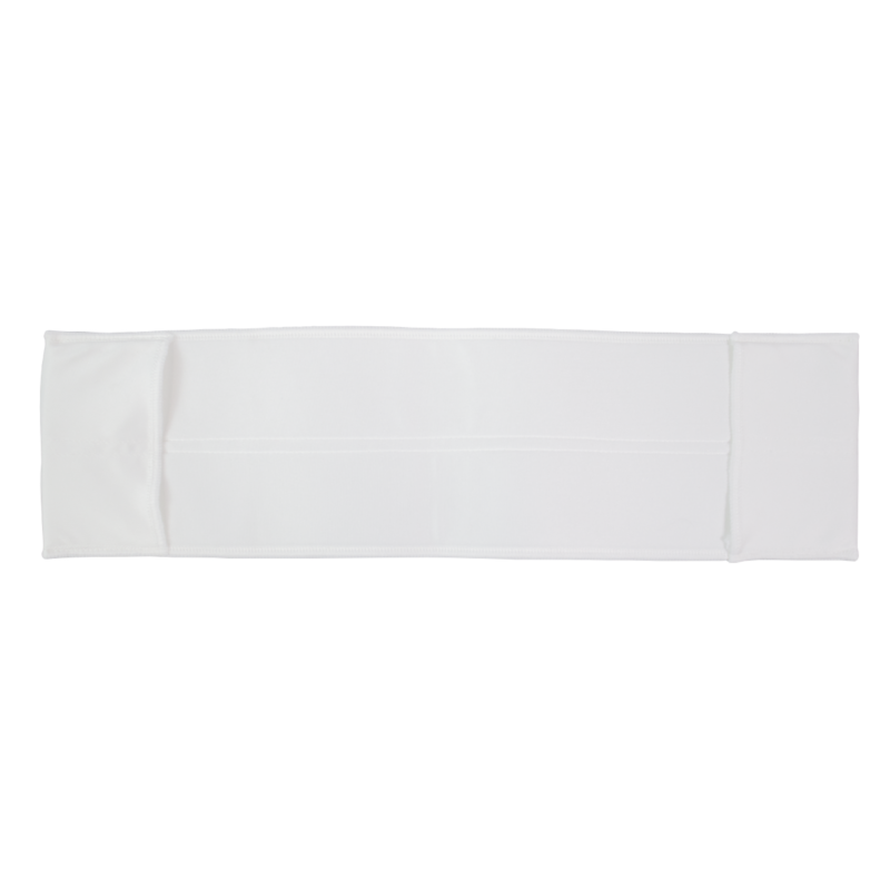 White rectangular cloth face mask laid flat with visible stitching lines and seams