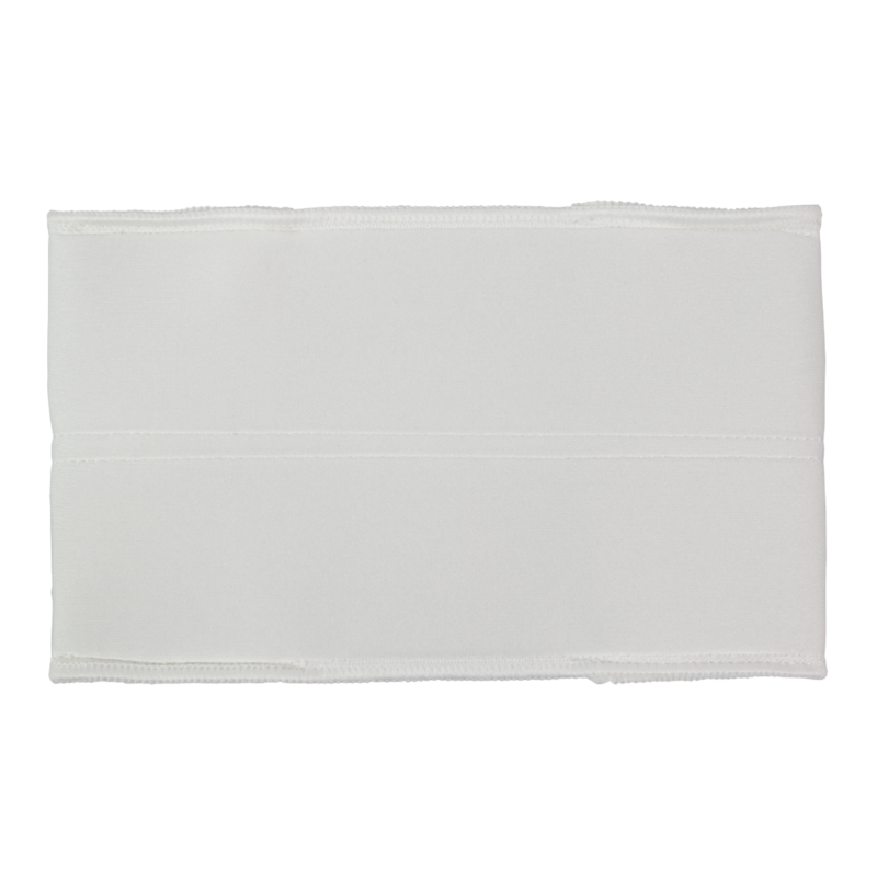 Rectangular white medical bandage with stitched edges on a transparent background.