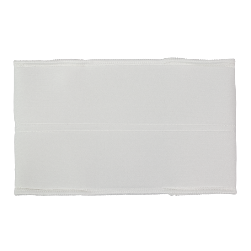 Sterile white gauze bandage pad with stitched edges, laid flat for wound dressing